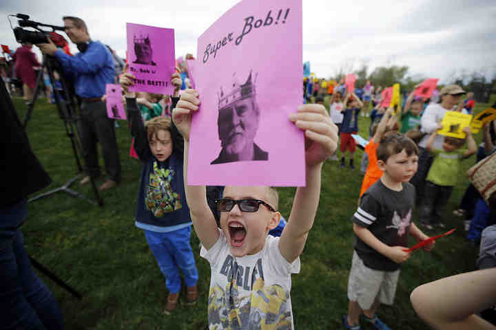 Students cheer for "Mr. Bob" as janitor Bob Cook is presented the award for Janitor of the Year at Sands Montessori in the Mt. Washington neighborhood of Cincinnati.  (Sam Greene / The Cincinnati Enquirer)